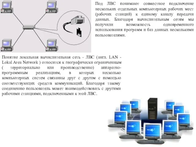 Под ЛВС понимают совместное подключение нескольких отдельных компьютерных рабочих мест (рабочих станций)