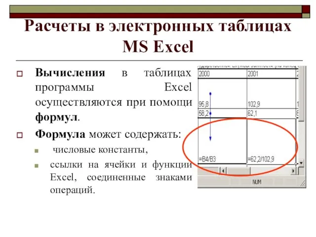 Расчеты в электронных таблицах MS Excel Вычисления в таблицах программы Excel осуществляются