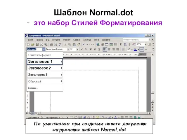 Шаблон Normal.dot - это набор Стилей Форматирования По умолчанию при создании нового документа загружается шаблон Normal.dot