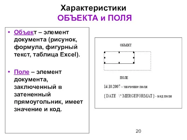 Характеристики ОБЪЕКТА и ПОЛЯ Объект – элемент документа (рисунок, формула, фигурный текст,