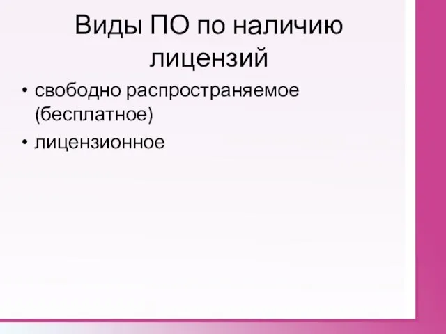 Виды ПО по наличию лицензий свободно распространяемое (бесплатное) лицензионное