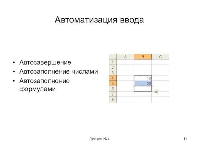 Лекция №4 Автоматизация ввода Автозавершение Автозаполнение числами Автозаполнение формулами