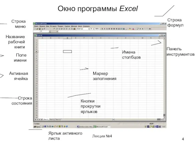 Лекция №4 Окно программы Excel Название рабочей книги Поле имени Активная ячейка