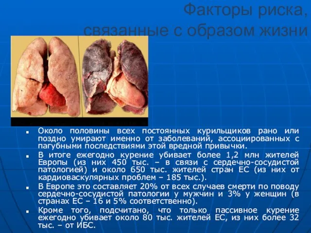 Факторы риска, связанные с образом жизни Около половины всех постоянных курильщиков рано