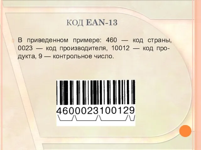 КОД EAN-13 В приведенном примере: 460 — код страны, 0023 — код