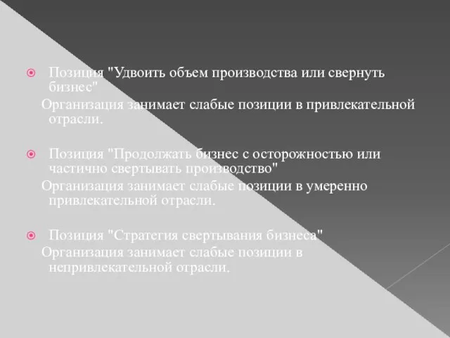 Позиция "Удвоить объем производства или свернуть бизнес" Организация занимает слабые позиции в