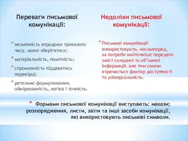 Переваги письмової комунікації: незмінність впродовж тривалого часу, може зберігатися; матеріальність, помітність; спроможність