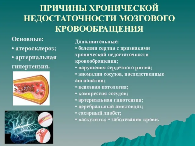 ПРИЧИНЫ ХРОНИЧЕСКОЙ НЕДОСТАТОЧНОСТИ МОЗГОВОГО КРОВООБРАЩЕНИЯ Основные: • атеросклероз; • артериальная гипертензия. Дополнительные: