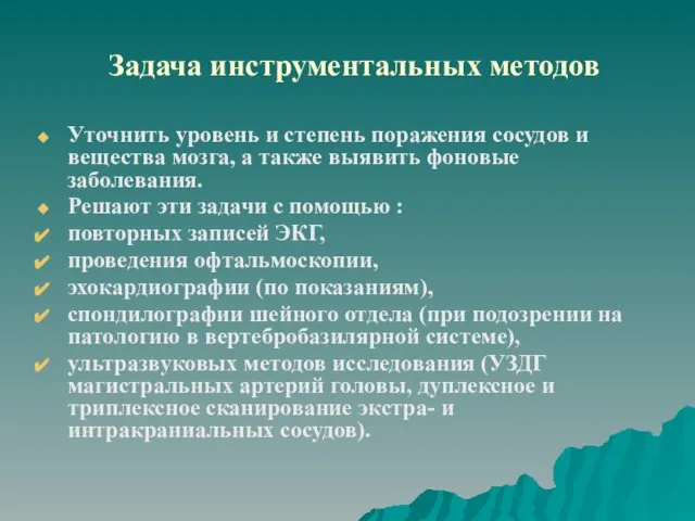 Задача инструментальных методов Уточнить уровень и степень поражения сосудов и вещества мозга,