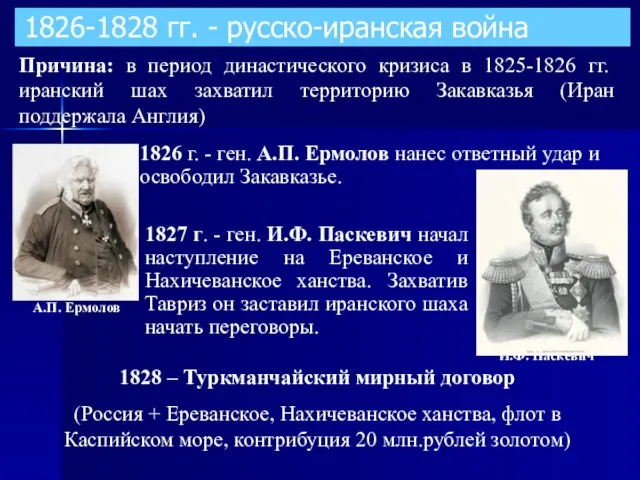 1826-1828 гг. - русско-иранская война Причина: в период династического кризиса в 1825-1826