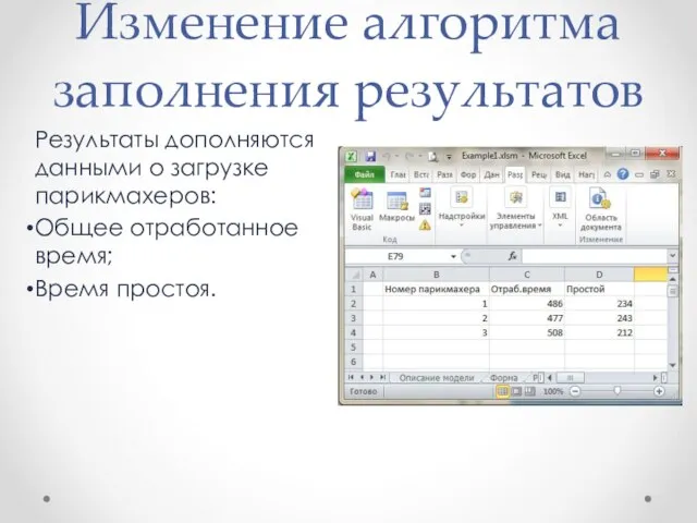 Изменение алгоритма заполнения результатов Результаты дополняются данными о загрузке парикмахеров: Общее отработанное время; Время простоя.