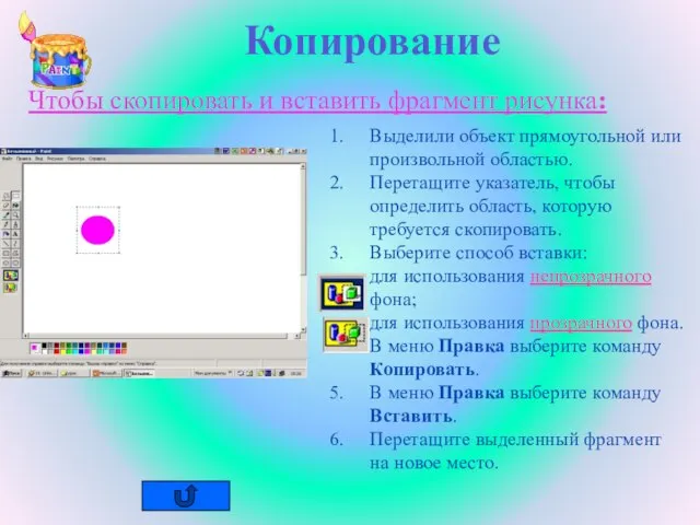 Копирование Чтобы скопировать и вставить фрагмент рисунка: Выделили объект прямоугольной или произвольной