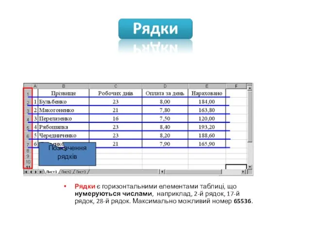 Рядки є горизонтальними елементами таблиці, що нумеруються числами, наприклад, 2-й рядок, 17-й