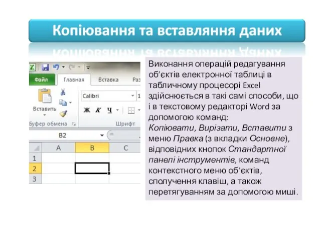 Виконання операцій редагування об’єктів електронної таблиці в табличному процесорі Excel здійснюється в