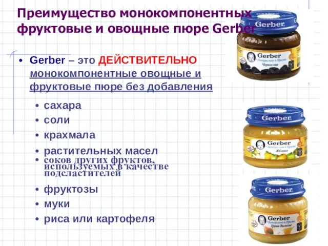 Преимущество монокомпонентных фруктовые и овощные пюре Gerber Gerber – это ДЕЙСТВИТЕЛЬНО монокомпонентные