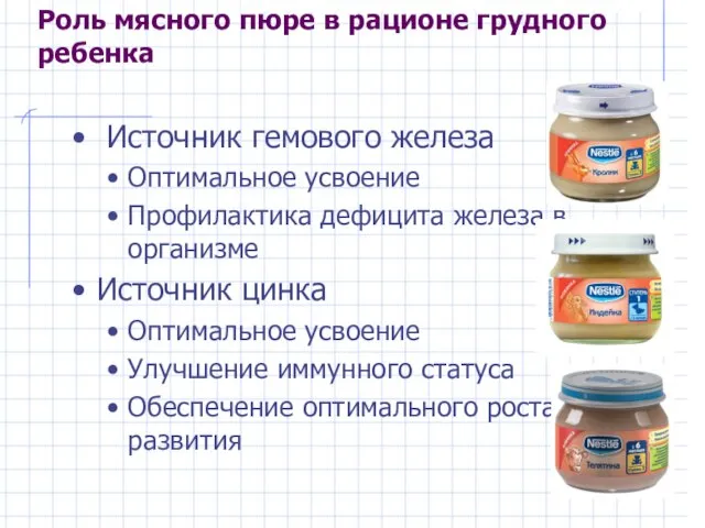 Роль мясного пюре в рационе грудного ребенка Источник гемового железа Оптимальное усвоение