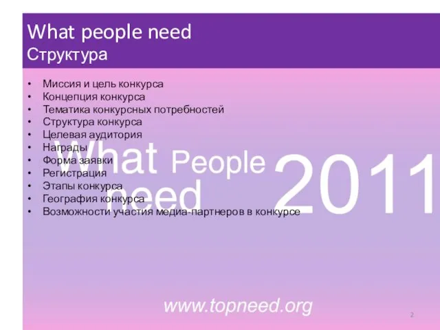 What people need Структура Миссия и цель конкурса Концепция конкурса Тематика конкурсных