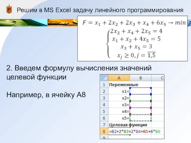 Решим в MS Excel задачу линейного программирования 2. Введем формулу вычисления значений