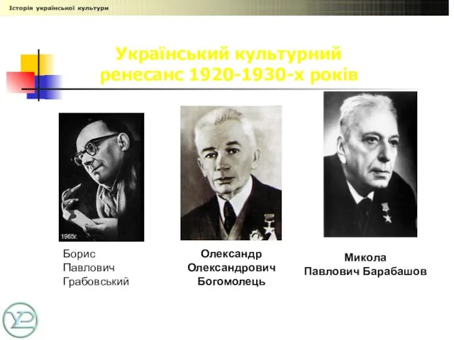 Український культурний ренесанс 1920-1930-х років Борис Павлович Грабовський Олександр Олександрович Богомолець Микола Павлович Барабашов