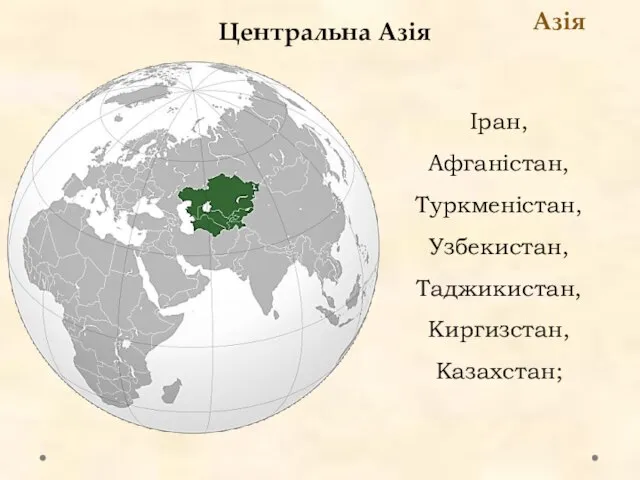 Центральна Азія Азія Іран, Афганістан, Туркменістан, Узбекистан, Таджикистан, Киргизстан, Казахстан;