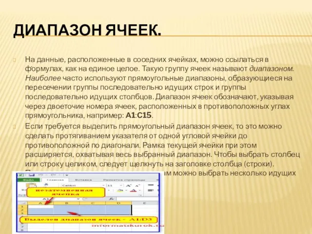 . ДИАПАЗОН ЯЧЕЕК. На данные, расположенные в соседних ячейках, можно ссылаться в