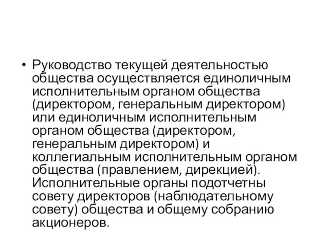 Руководство текущей деятельностью общества осуществляется единоличным исполнительным органом общества (директором, генеральным директором)