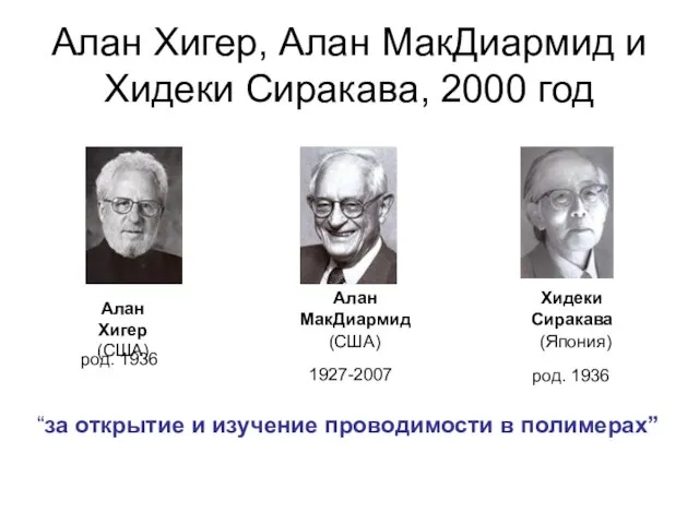 Алан Хигер, Алан МакДиармид и Хидеки Сиракава, 2000 год 1927-2007 род. 1936