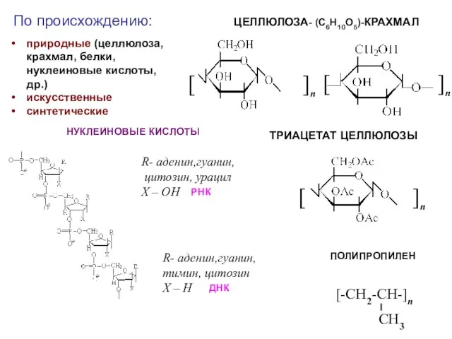 R- аденин,гуанин, цитозин, урацил Х – ОН природные (целлюлоза, крахмал, белки, нуклеиновые