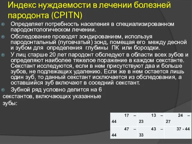 Индекс нуждаемости в лечении болезней пародонта (CPITN) Определяет потребность населения в специализированном