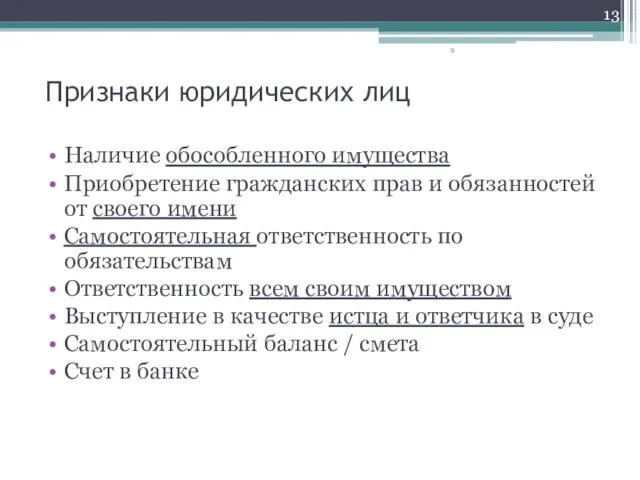 Признаки юридических лиц Наличие обособленного имущества Приобретение гражданских прав и обязанностей от