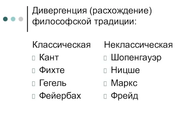 Дивергенция (расхождение) философской традиции: Классическая Кант Фихте Гегель Фейербах Неклассическая Шопенгауэр Ницше Маркс Фрейд