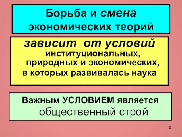 Борьба и смена экономических теорий зависит от условий институциональных, природных и экономических,