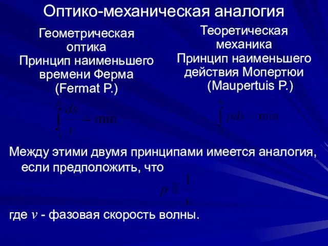 Оптико-механическая аналогия Между этими двумя принципами имеется аналогия, если предположить, что где