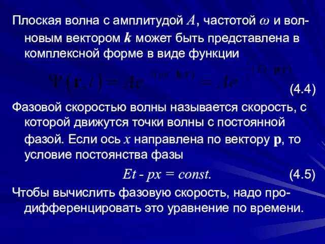 Плоская волна с амплитудой А, частотой ω и вол-новым вектором k может