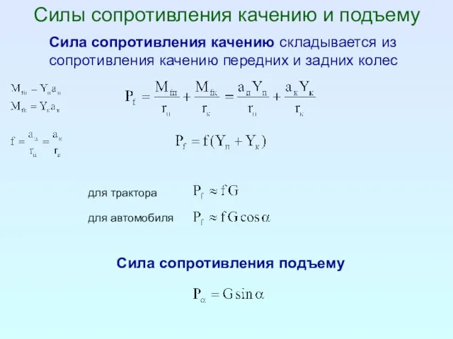 Силы сопротивления качению и подъему Сила сопротивления качению складывается из сопротивления качению