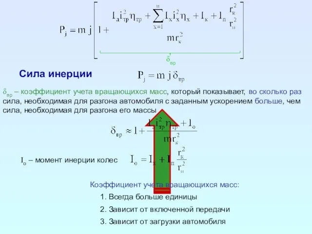 Сила инерции δвр – коэффициент учета вращающихся масс , который показывает, во