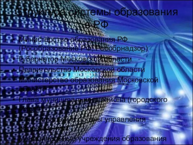 Структура системы образования в РФ Министерство образования РФ (Рособразование РФ, Рособрнадзор) Губернатор