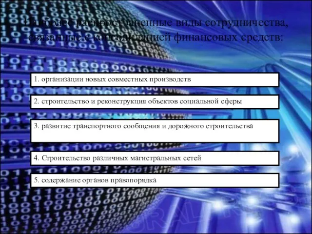 Наиболее распространенные виды сотрудничества, связанные с консолидацией финансовых средств: 1. организации новых