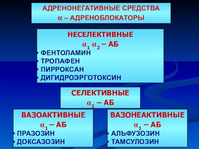 НЕСЕЛЕКТИВНЫЕ α1 α2 – АБ ФЕНТОЛАМИН ТРОПАФЕН ПИРРОКСАН ДИГИДРОЭРГОТОКСИН АДРЕНОНЕГАТИВНЫЕ СРЕДСТВА α – АДРЕНОБЛОКАТОРЫ