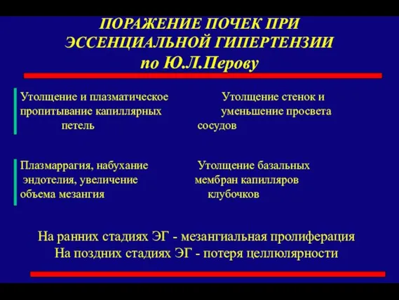 ПОРАЖЕНИЕ ПОЧЕК ПРИ ЭССЕНЦИАЛЬНОЙ ГИПЕРТЕНЗИИ по Ю.Л.Перову Утолщение и плазматическое Утолщение стенок