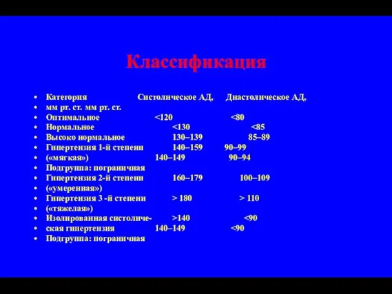 Классификация Категория Систолическое АД, Диастолическое АД, мм рт. ст. мм рт. ст.