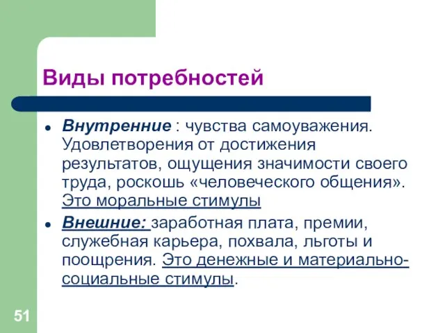 Виды потребностей Внутренние : чувства самоуважения. Удовлетворения от достижения результатов, ощущения значимости