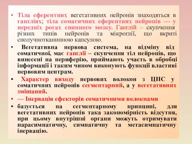 Тіла еферентних вегетативних нейронів знаходяться в гангліях; тіла соматичних еферентних нейронів —