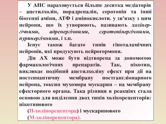 У АНС нараховується більше десятка медіаторів – ацетилхолін, норадреналін, серотонін та інші