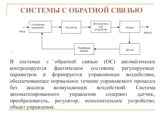 СИСТЕМЫ С ОБРАТНОЙ СВЯЗЬЮ В системах с обратной связью (ОС) автоматически контролируется