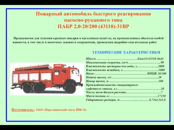НАЗНАЧЕНИЕ Пожарный автомобиль быстрого реагирования насосно-рукавного типа ПАБР 2,0-20/200 (43118)-31ВР Предназначен для