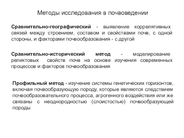 Методы исследования в почвоведении Сравнительно-географический - выявление коррелятивных связей между строением, составом