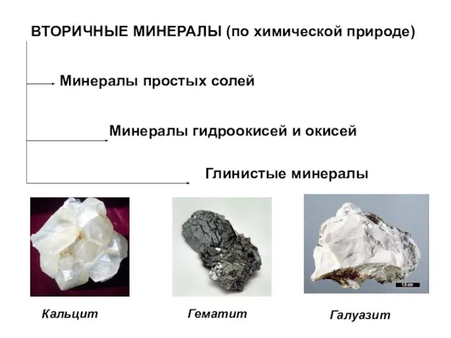 ВТОРИЧНЫЕ МИНЕРАЛЫ (по химической природе) Минералы простых солей Минералы гидроокисей и окисей