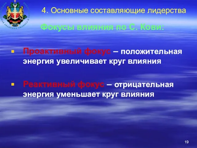 4. Основные составляющие лидерства Фокусы влияния по С. Кови: Проактивный фокус –