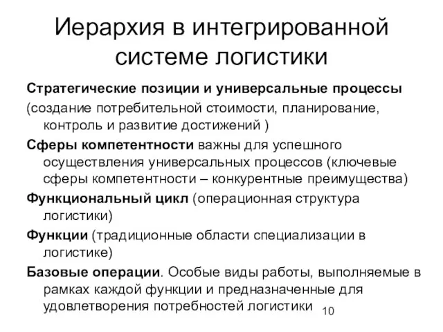 Иерархия в интегрированной системе логистики Стратегические позиции и универсальные процессы (создание потребительной